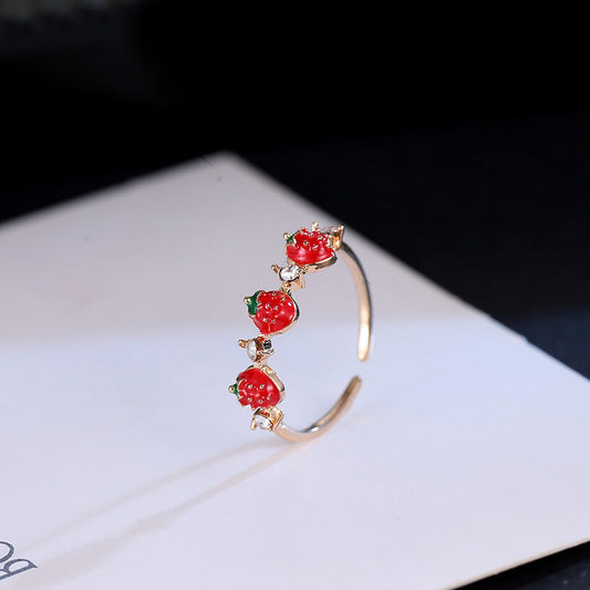 Simple Cute Red Strawberry Female Rhinestone Rings