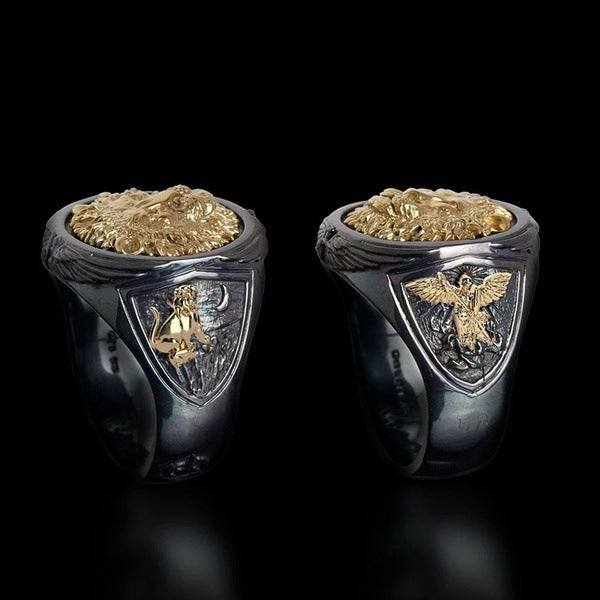 Men's Two-color Domineering Creative Lion's Head Bright Rings