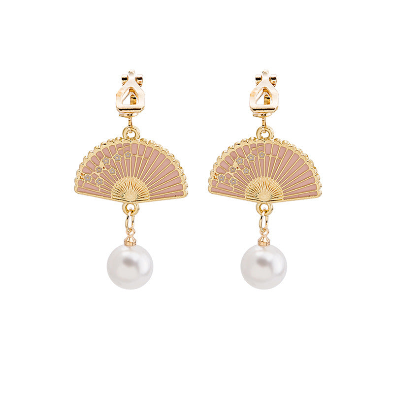 Fan Pearl Tassel Flower Folding Cute Earrings