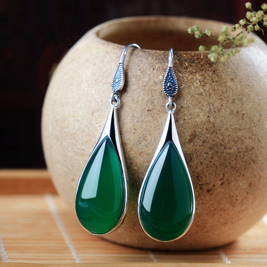 Green Chalcedony Ear Hook Vintage Drop-shaped Red Garnet Earrings