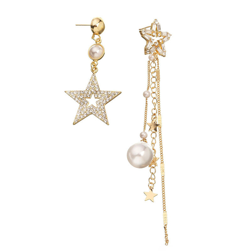 Five-pointed Star Asymmetric Super Flash Sier Needle Long Earrings