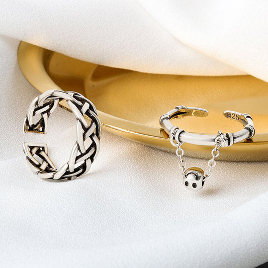Women's Compiled Thai Sier Fashion Chain Bamboo Ball Smiley Rings