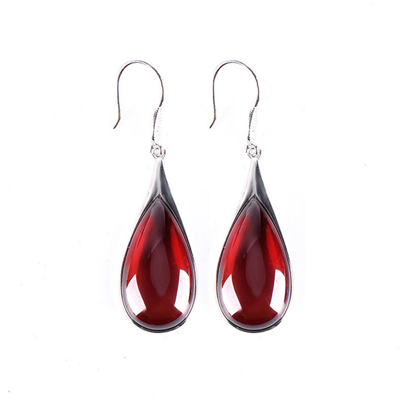 Green Chalcedony Ear Hook Vintage Drop-shaped Red Garnet Earrings