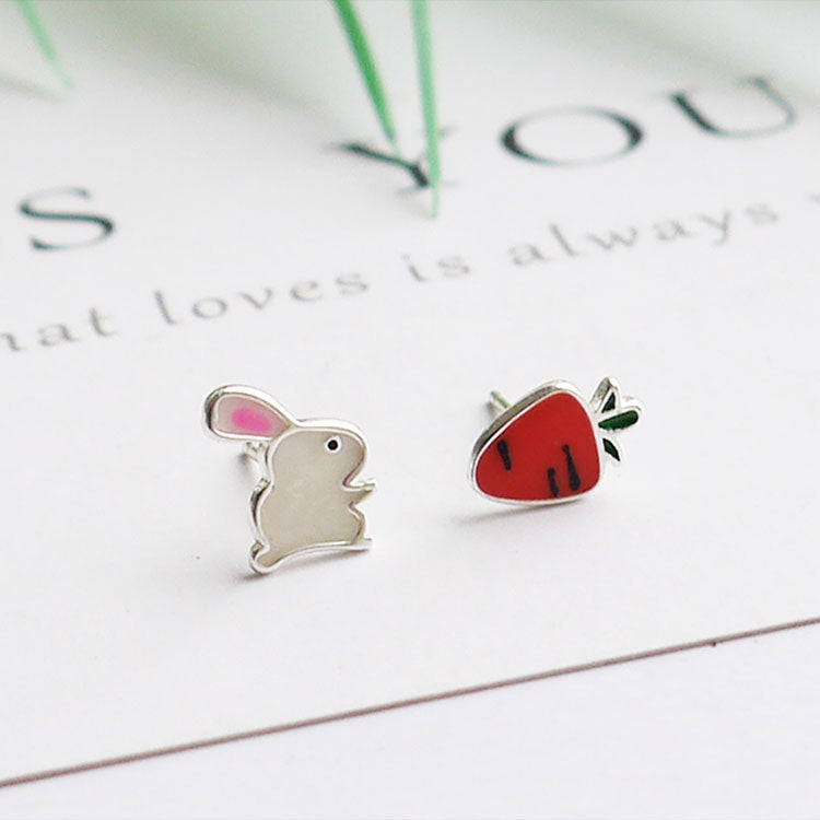 Fashion Sier Little Bunny Carrot Asymmetric Earrings