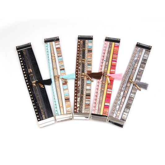 Women's Tassel Leather Personality Widened Magnetic Snap Bracelets