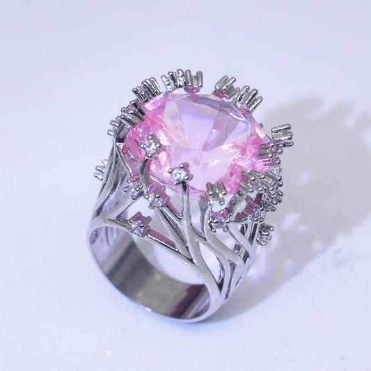 Inlaid Pink Crystal Female Creative Exaggerating Rings