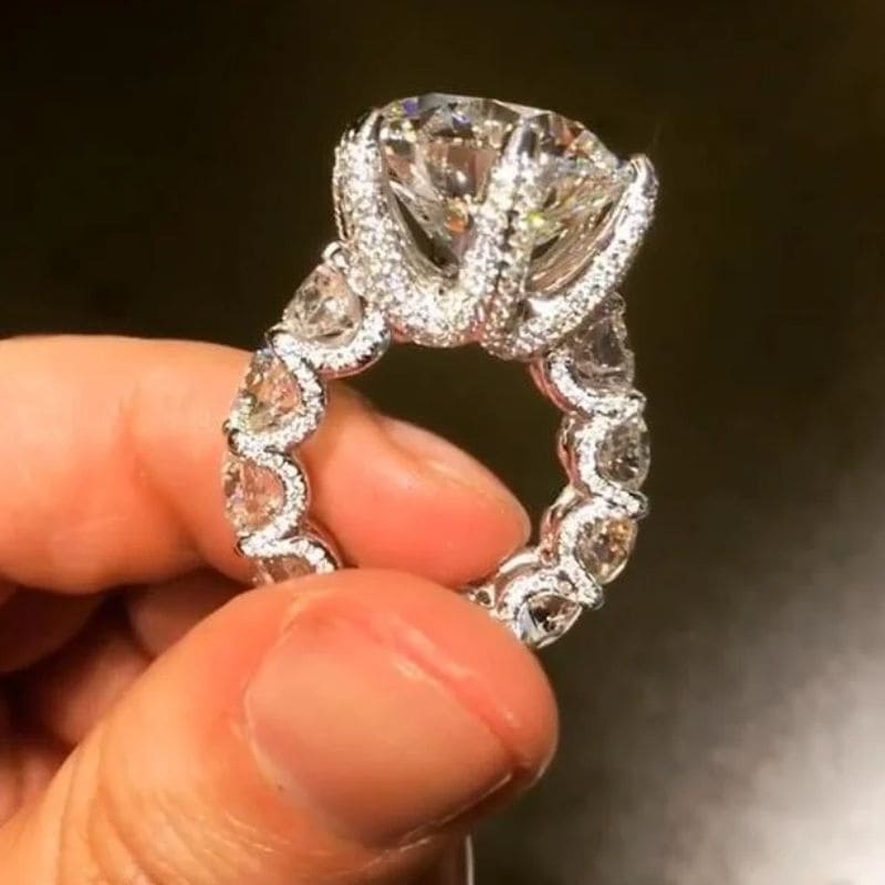 12Ct Round Cut White Sapphire Paved Engagement Ring-Miusejewelry