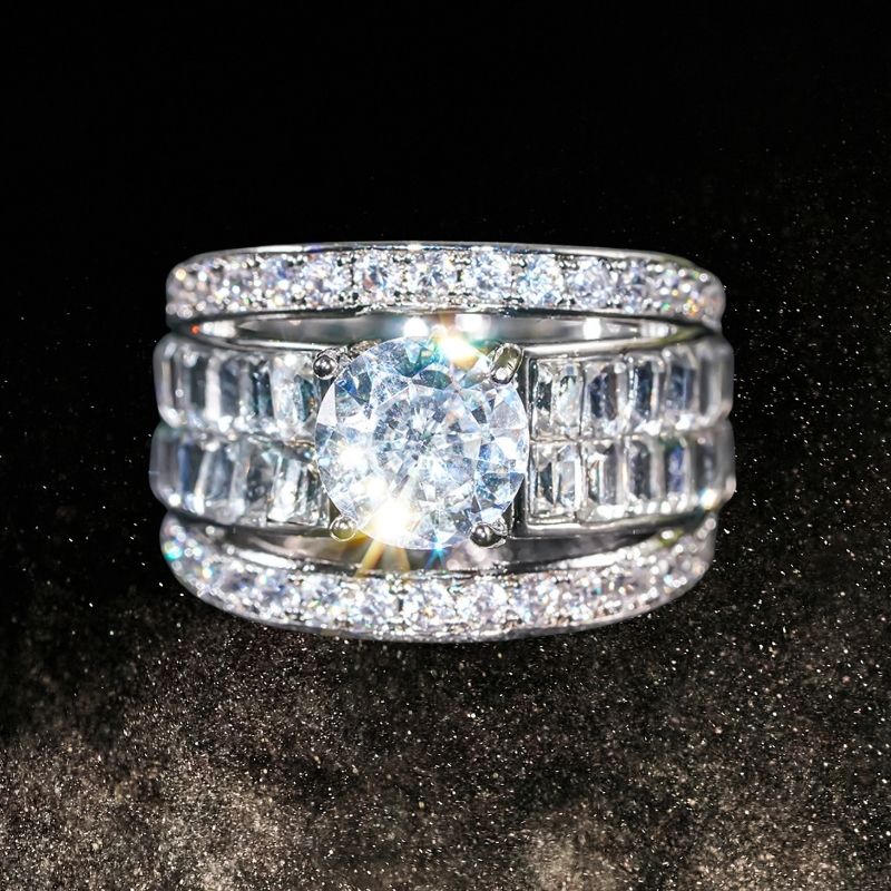 12Ct Round&Baguette Cut White Sapphire Silver Wedding Ring-Miusejewelry