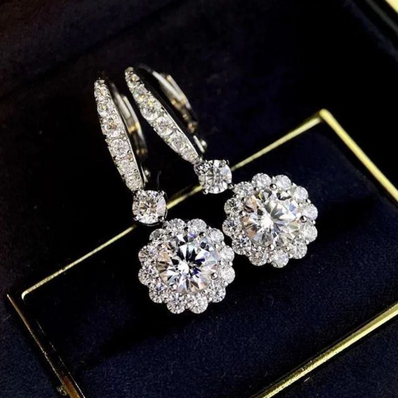 Noble Halo Round Cut Drop Sterling Silver Earrings-Miusejewelry