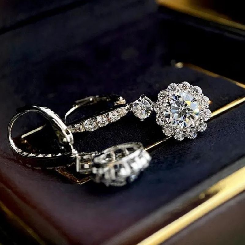 Noble Halo Round Cut Drop Sterling Silver Earrings-Miusejewelry