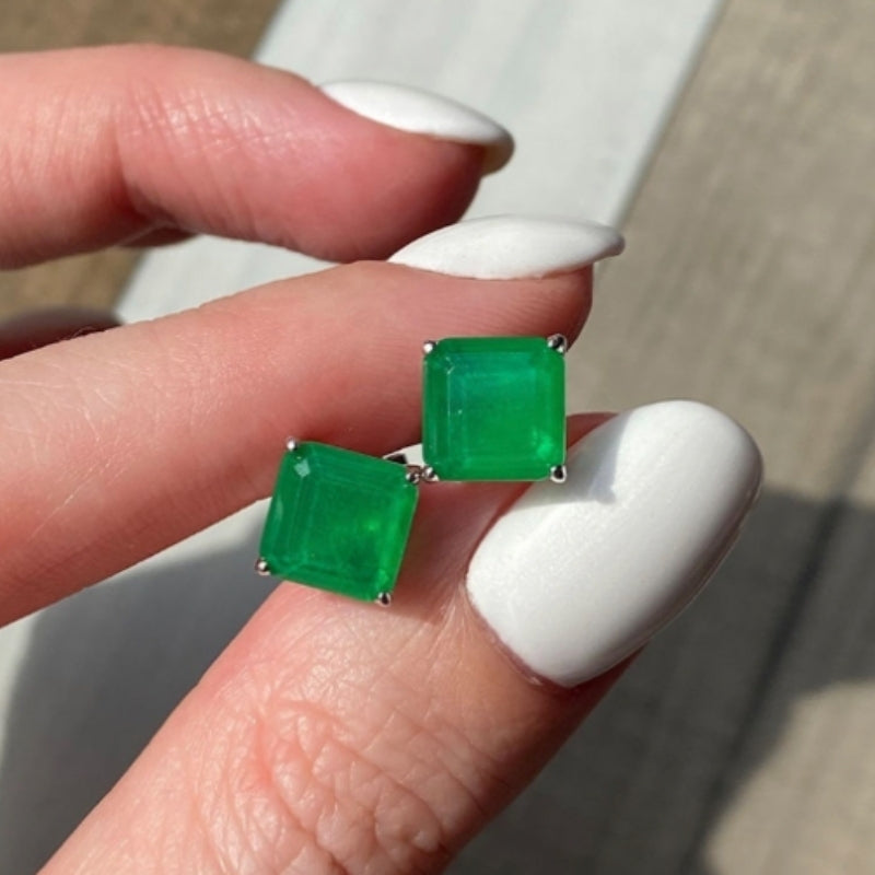 10Ct Asscher Cut Green Sapphire Stud Earrings-Miusejewelry