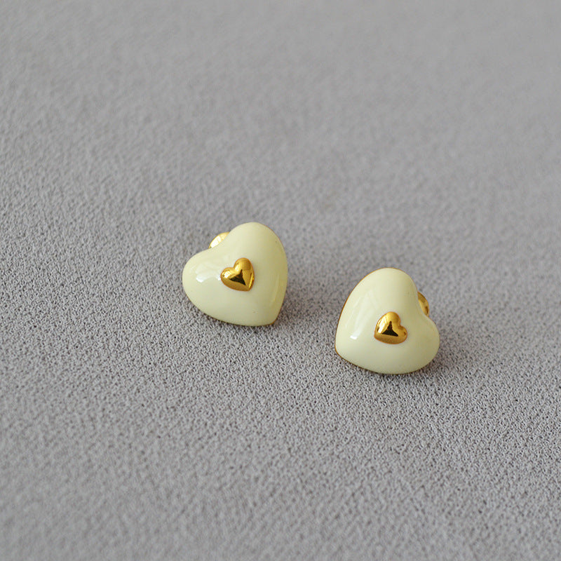 Simple Enamel Drip Glazed Heart Brass Gold Earrings