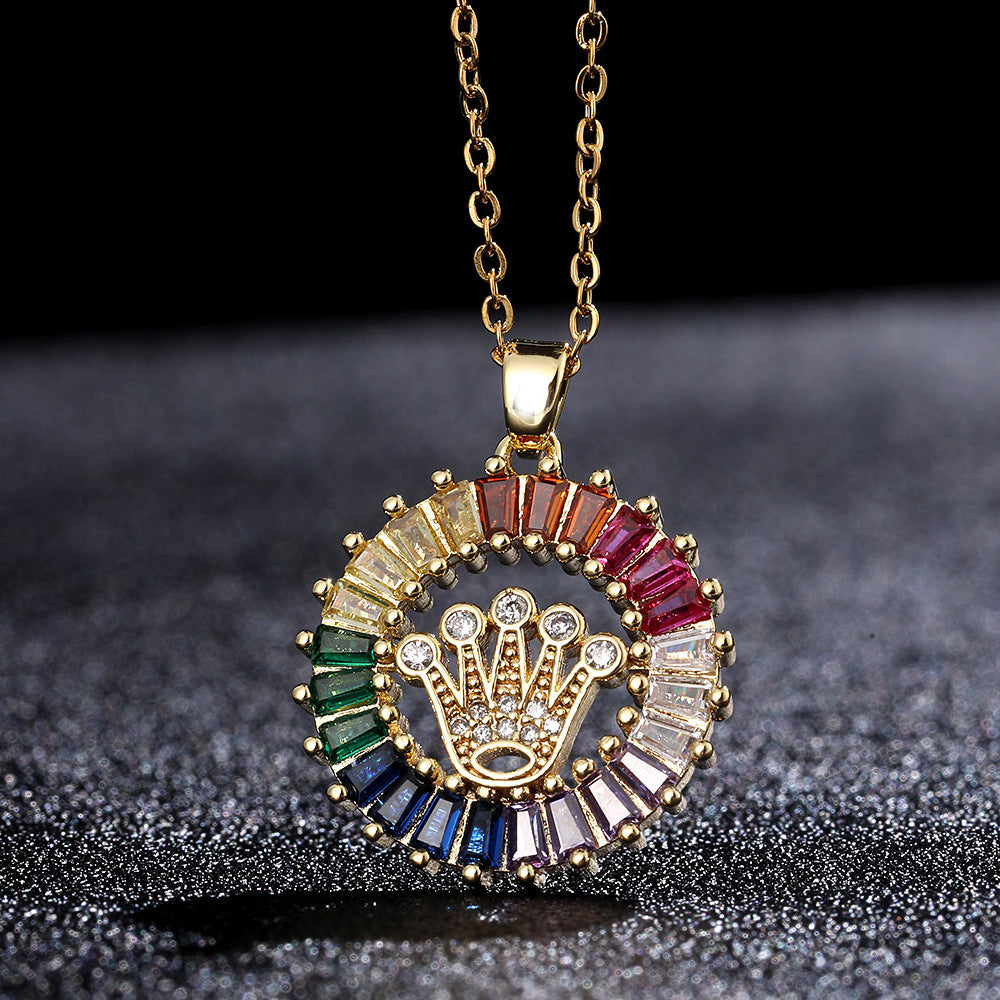 Women's Design Color Zircon Gold Plated Crown Sweet Necklaces