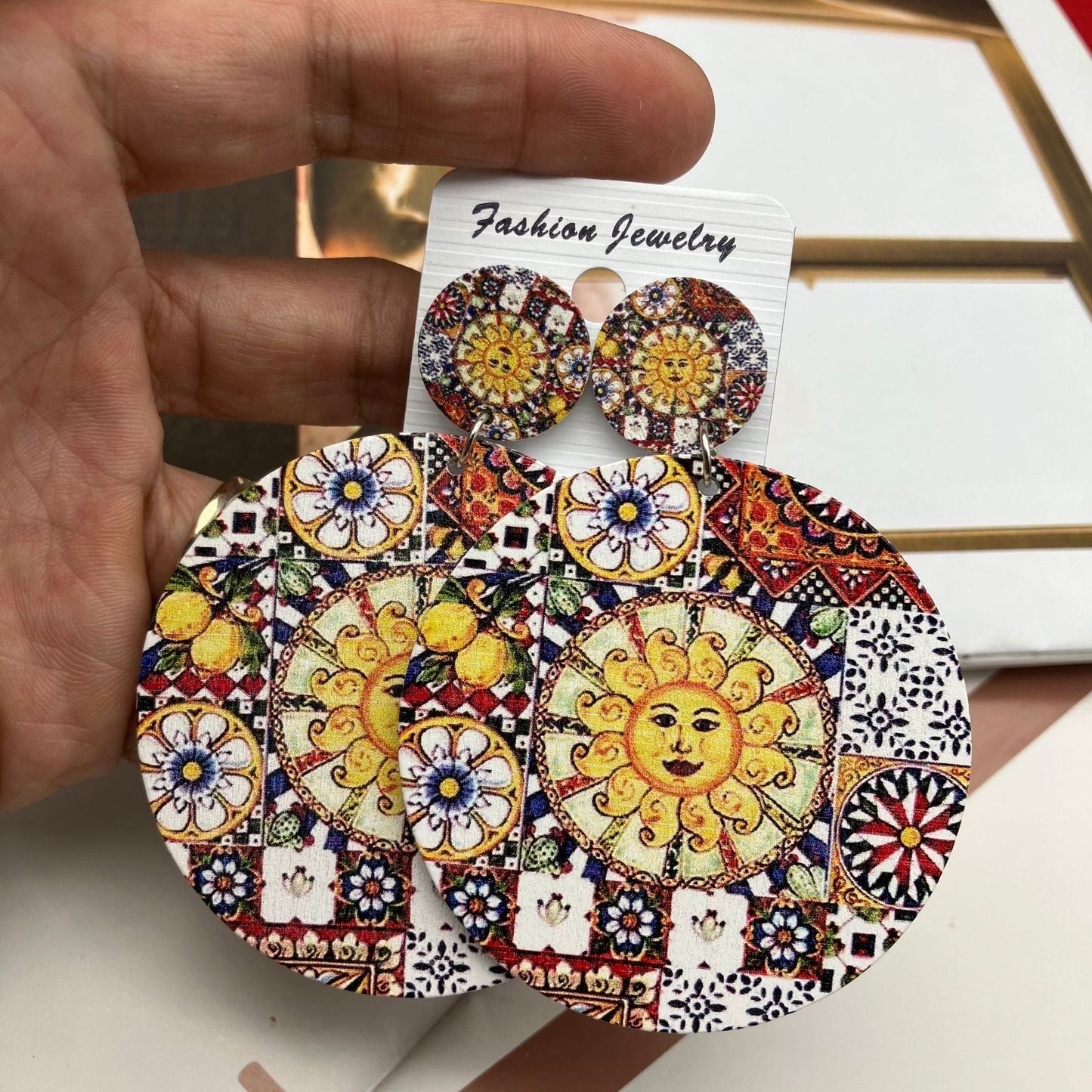 Italian Church Ceramic Pattern Large Wooden Earrings