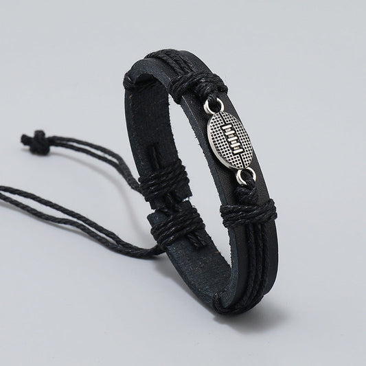 Men's Carrying Strap Hand-woven Black Leather Alloy Bracelets