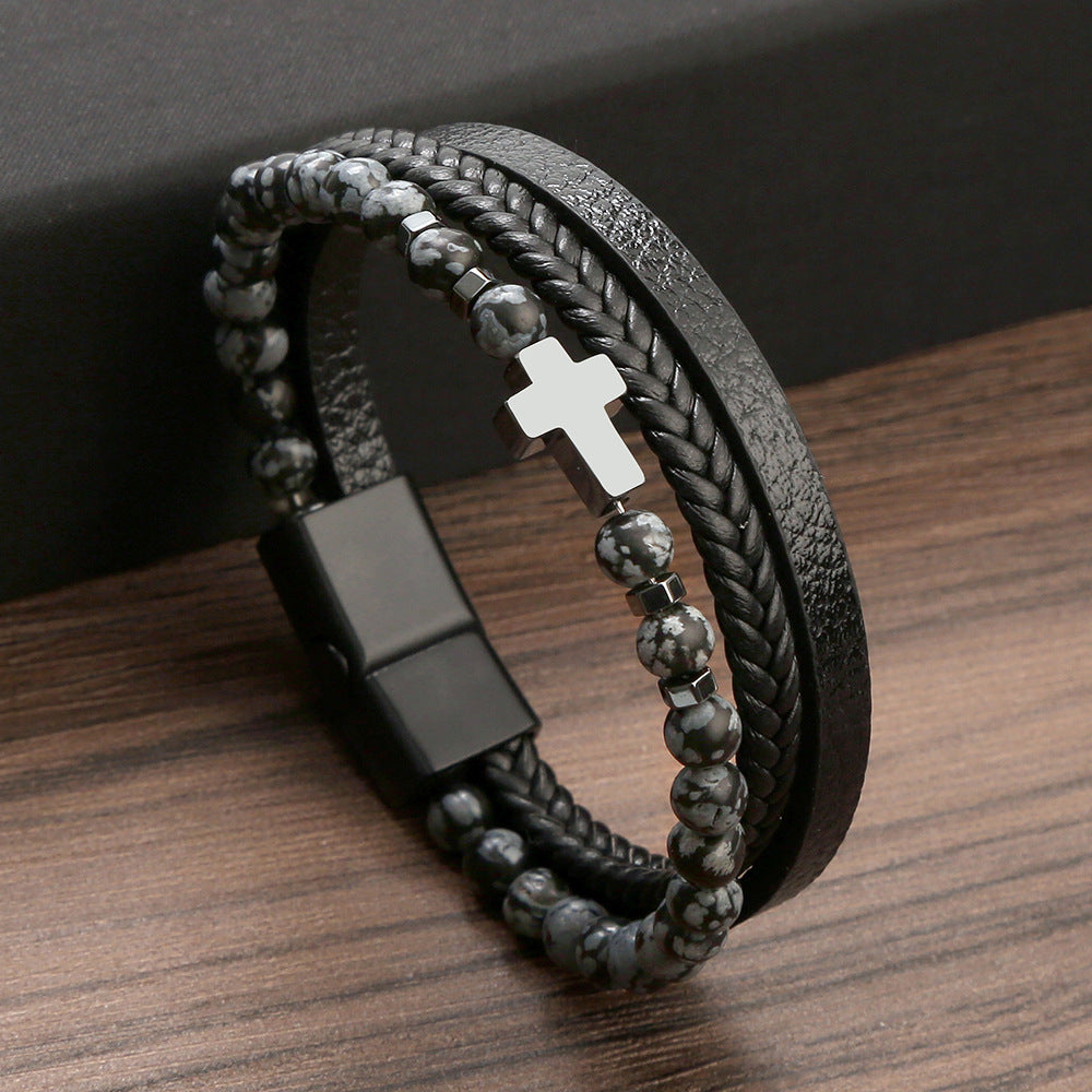 Men's Natural Stone Stainless Steel Tigereye Cross Bracelets