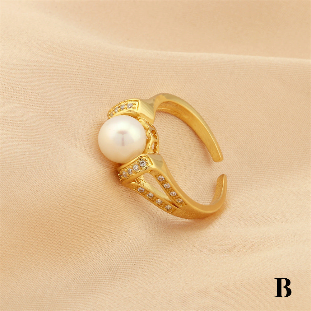 Simple Temperament Micro Inlaid Zircon Pearl Female Rings