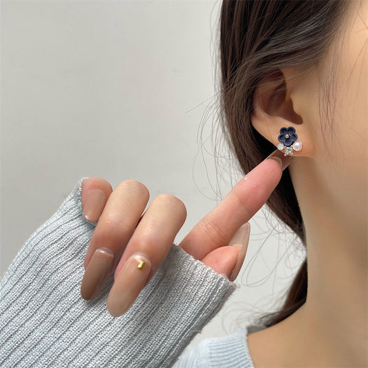 Needle Matte Sapphire Blue Small Flower Rhinestone Pearl Earrings