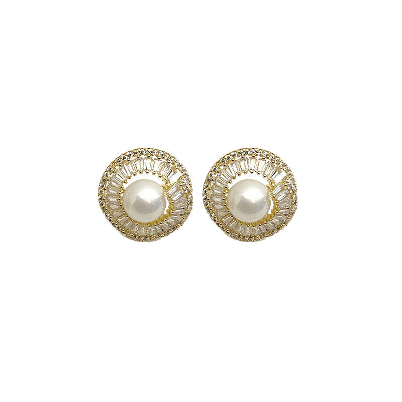 Women's Needle Personality Fashion Micro Inlaid Zircon Irregular Round Pearl Earrings