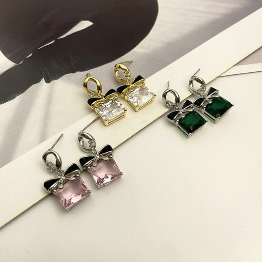 Sier Square Bow Light Luxury Temperament Earrings