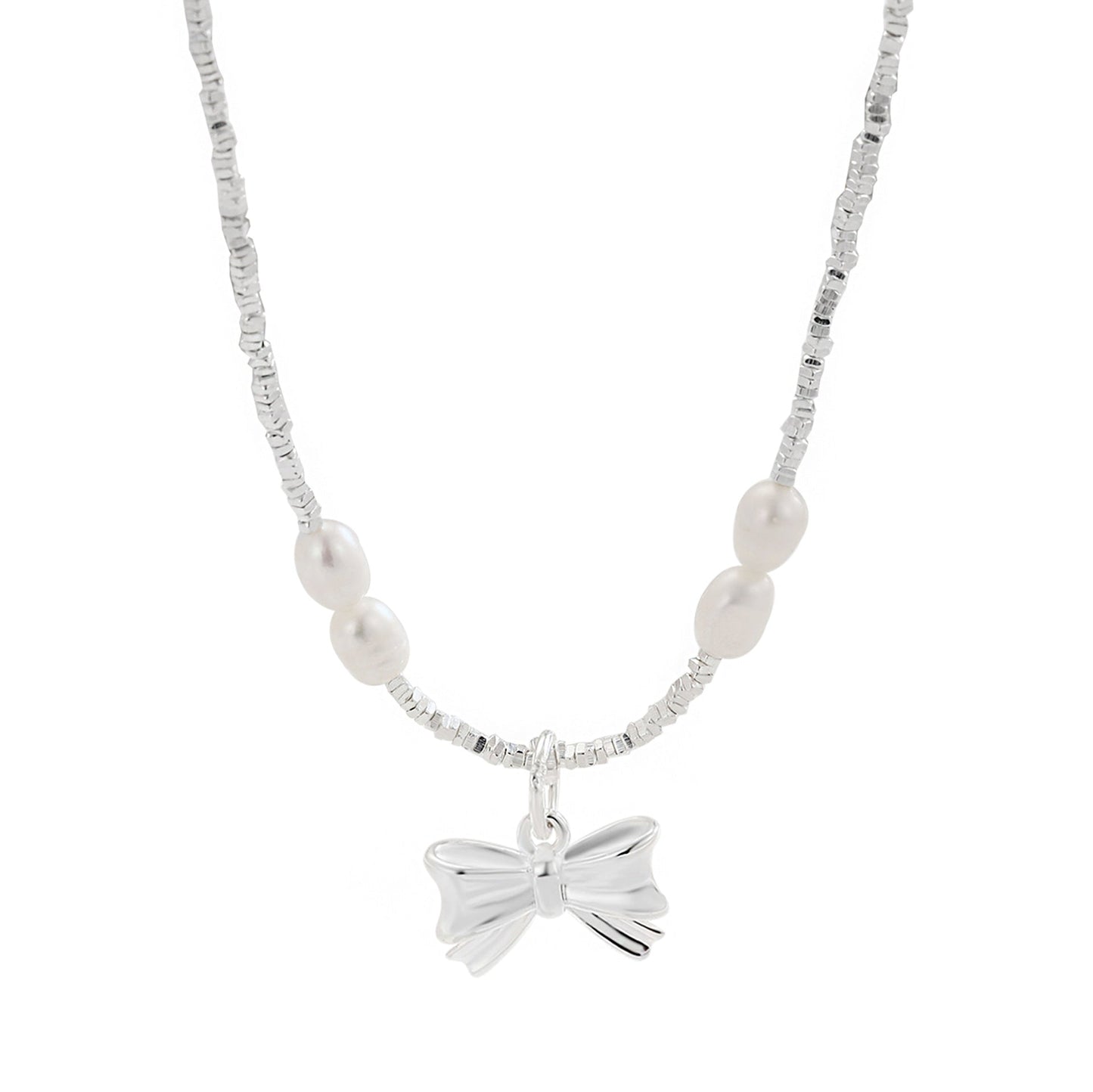 Sier Freshwater Pearl Bow Square Small Necklaces