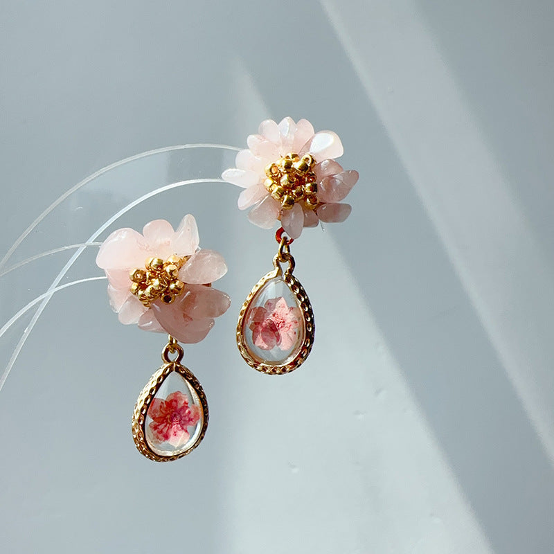 Flower Water Drop Ear French Kernel Crystal Earrings