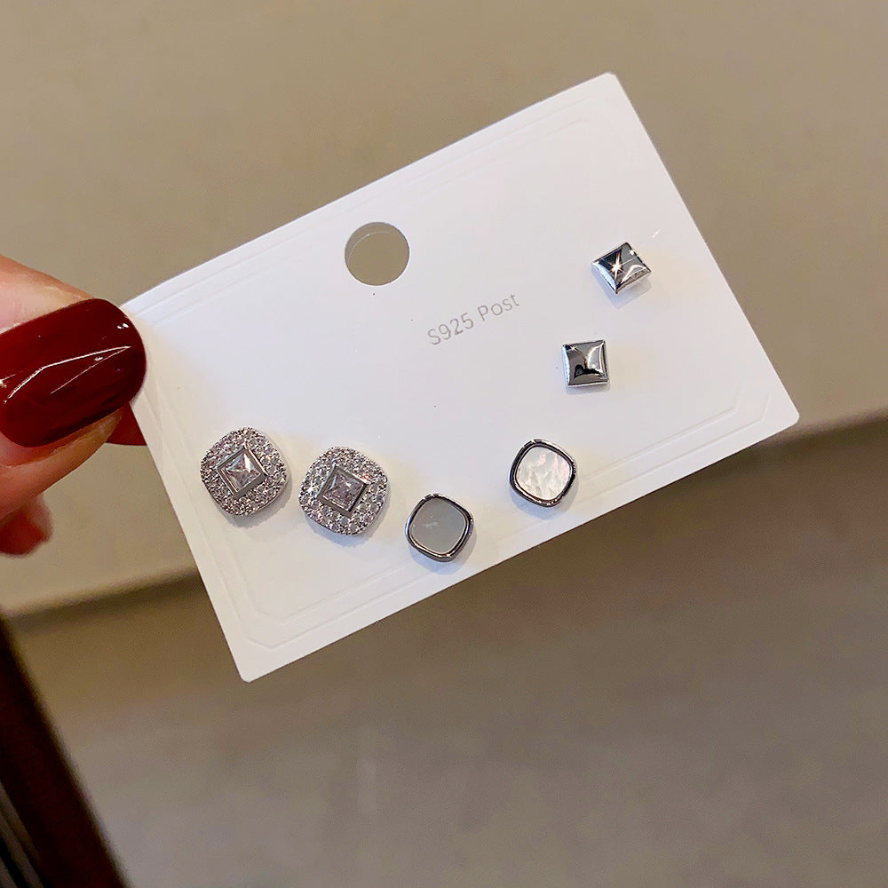 Women's Fashion Sier Set One Card Three Small Ear Needle Earrings