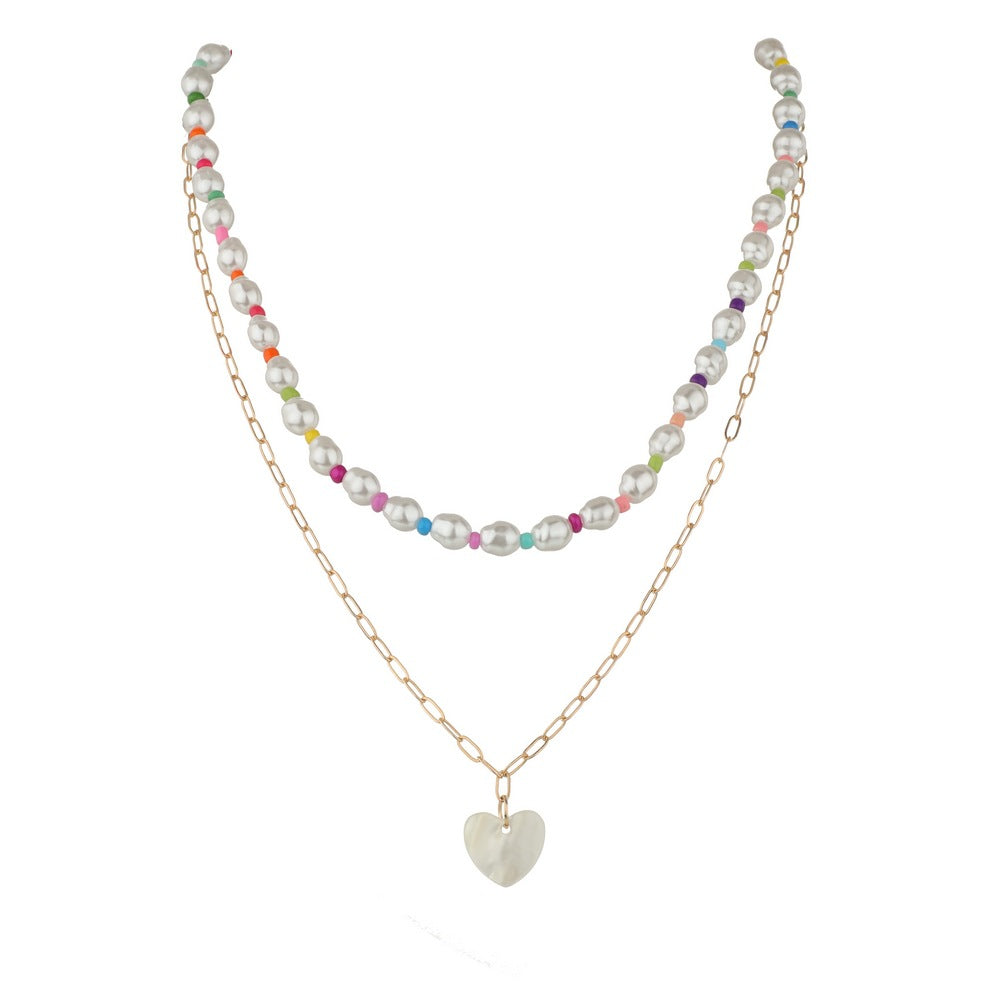 Women's Pearl Mixed Color Bead Love Pendant Double Layer Necklaces