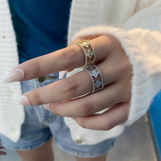 Retro Fashion Micro Inlaid Zircon Four-leaf Clover Temperament Rings