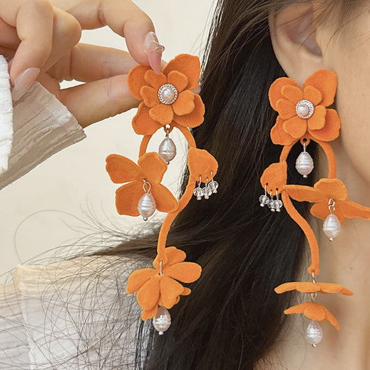 Fashionable Long Dopamine Flocking Flower Elegant Earrings
