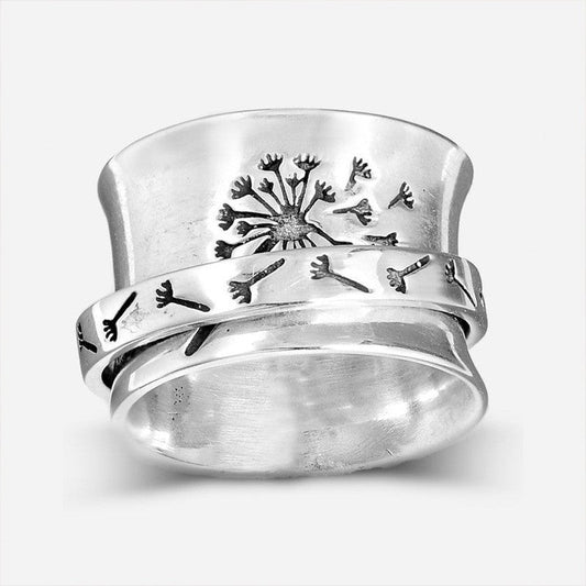 Retro Trendy Carved Dandelion Flower Rotatable Rings