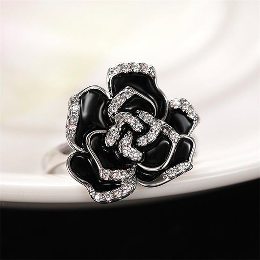 Women's Elegant Retro Enamel Zircon Unique Black Rose Flower Rings