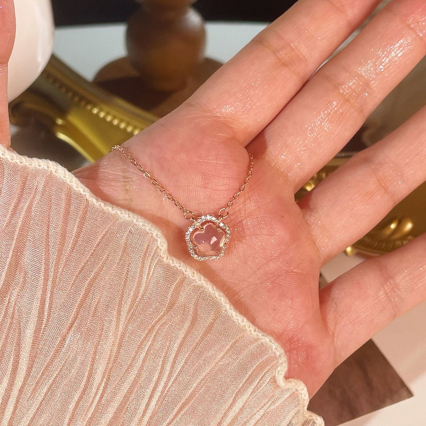 Fresh Sweet Girlish Style Sterling Sier Pink Crystal Necklaces