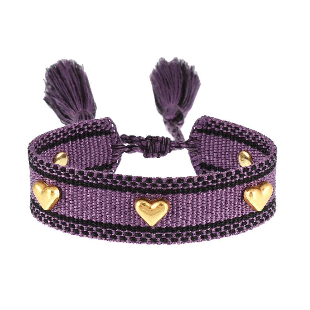 Couple Golden Heart-shaped Carrying Strap Hand-woven Tassel Bracelets