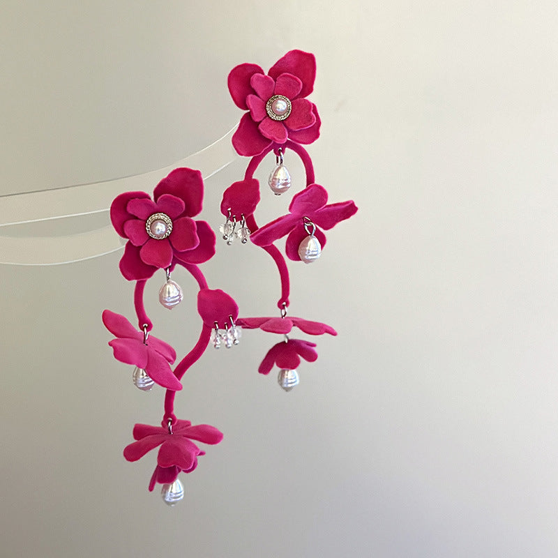 Fashionable Long Dopamine Flocking Flower Elegant Earrings