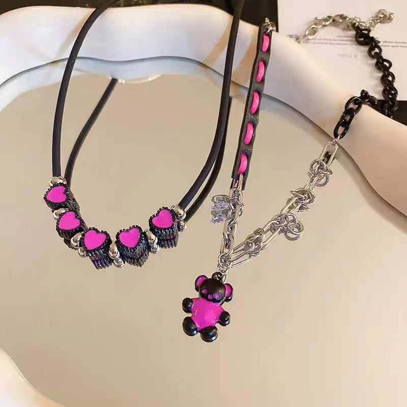 Women's Hot Sweetheart Pink Stars Heart Leather String Niche Necklaces