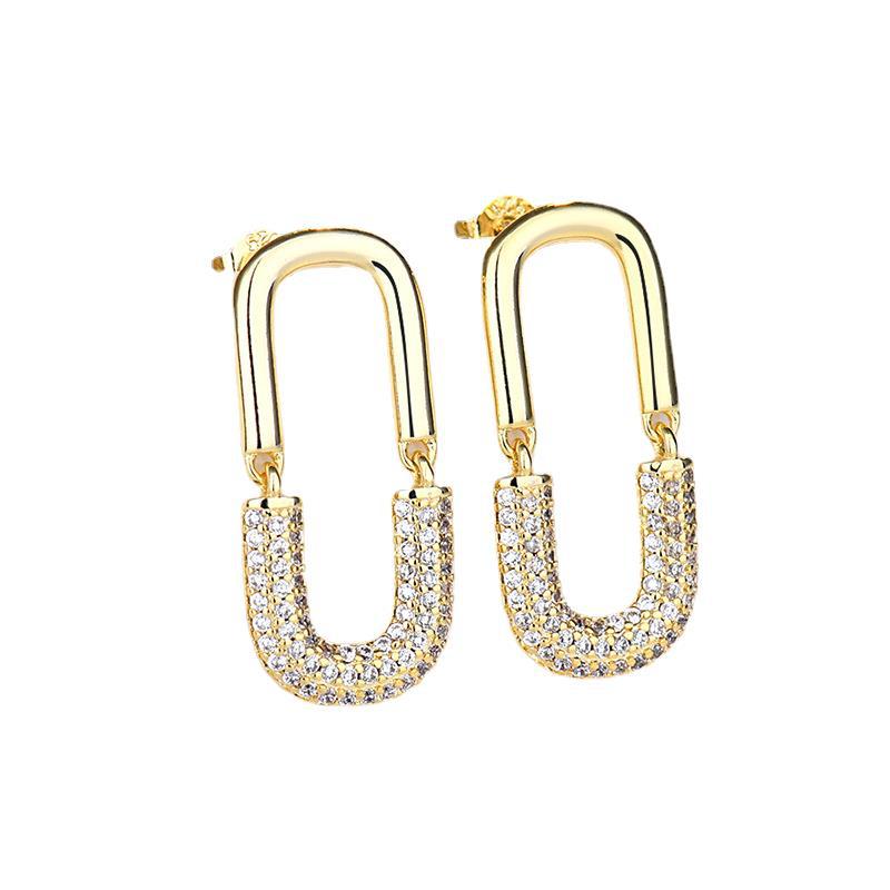 Gold Plated Double U-shaped Full Diamond Female Earrings
