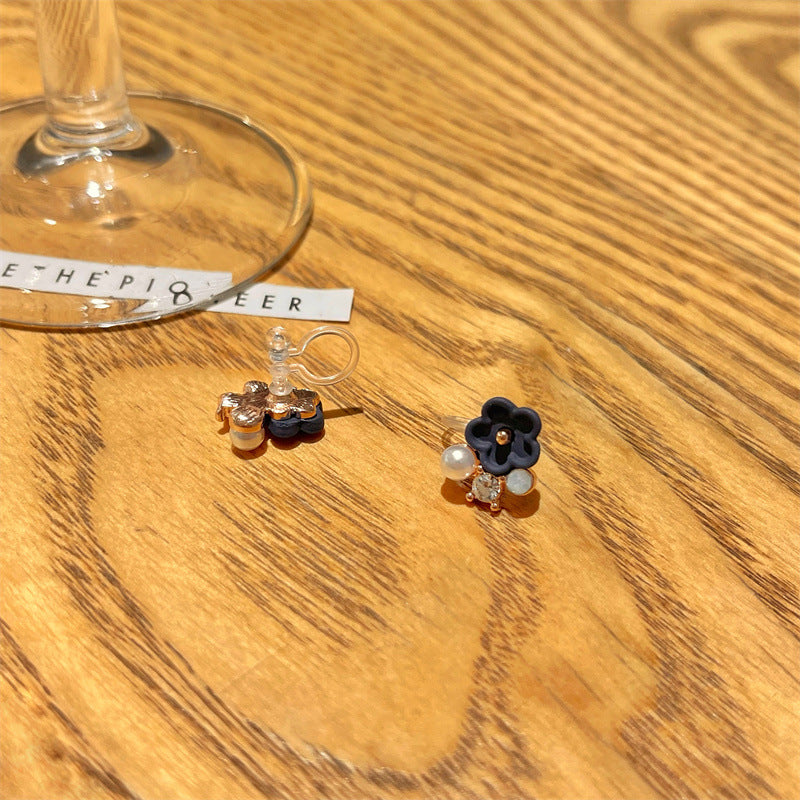 Needle Matte Sapphire Blue Small Flower Rhinestone Pearl Earrings