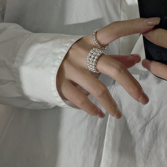 Sier Korean Style Fashion Gradient Round Beads Handmade Rings