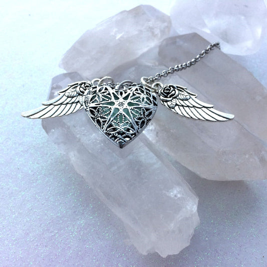 Heart-shaped Luminous Lock With Rose Wings Necklaces