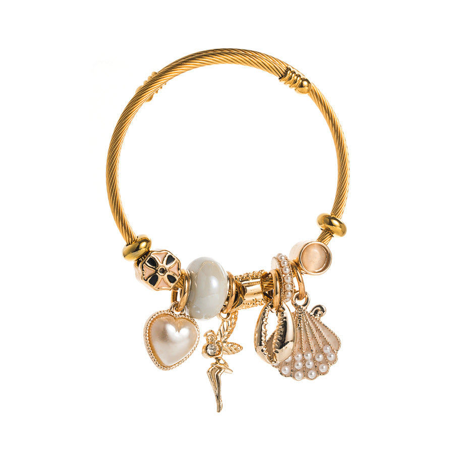 Alloy Gold Adjustable Pearl Shell Bangle Love Stainless Bracelets