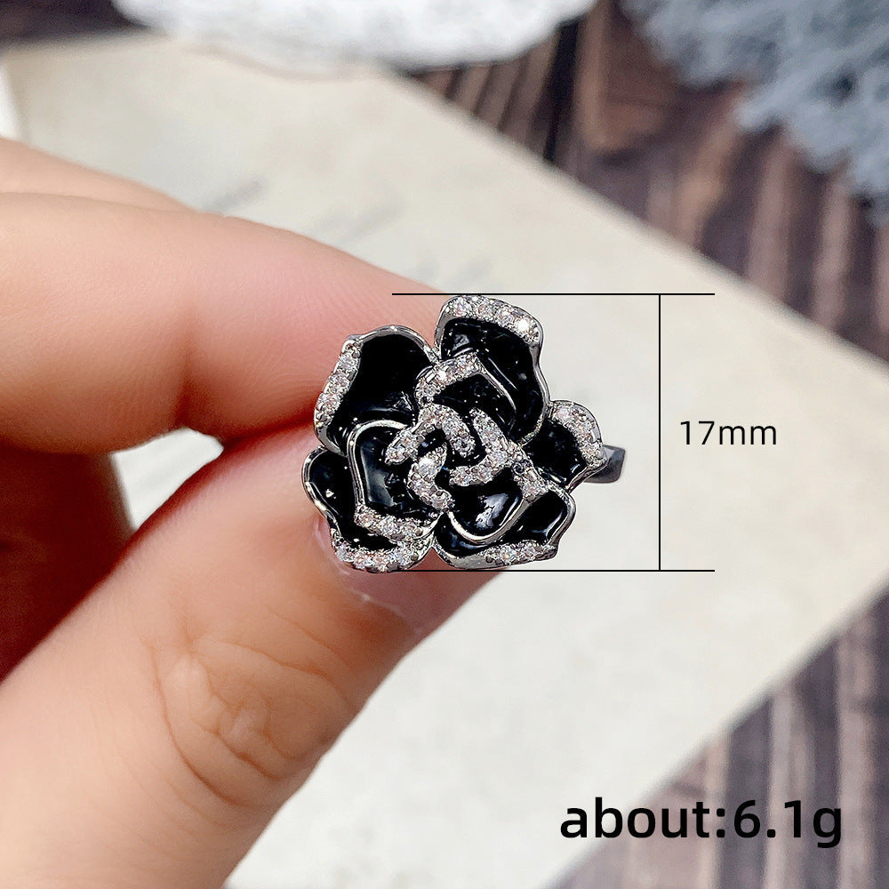 Women's Elegant Retro Enamel Zircon Unique Black Rose Flower Rings