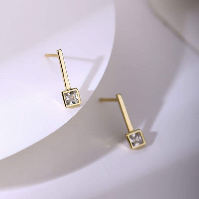 Sier Square Diamond Simple Zircon Fashion Earrings