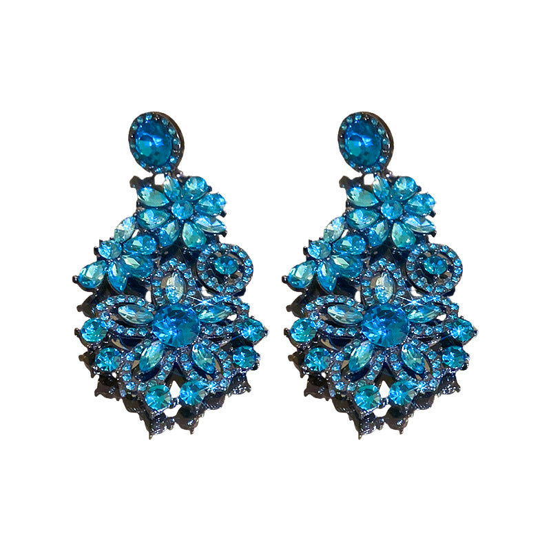 Blue Diamond Flower Exaggerated Design Vintage Earrings