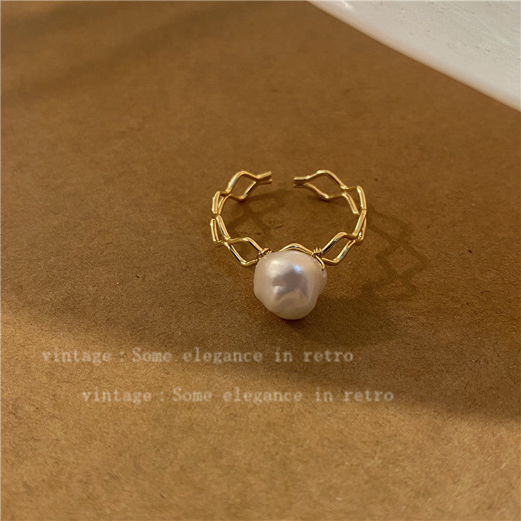 Retro Freshwater Pearl Woven Open Index Rings