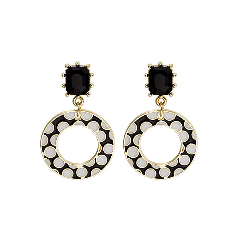 Sier Needle Black And White Polka Dot Drop Earrings