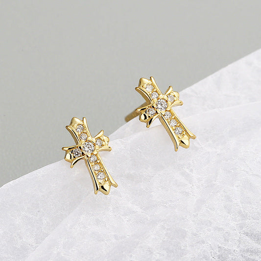 Sier Cross Diamond Zircon Mini Fashionable Simple Earrings