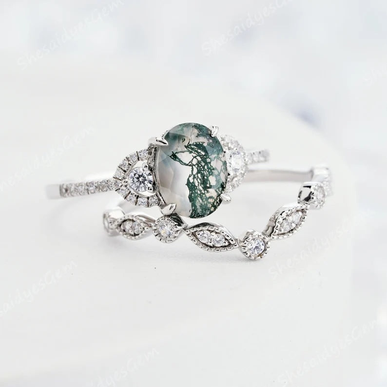 Green Plant Pattern Set Light Luxury Rings