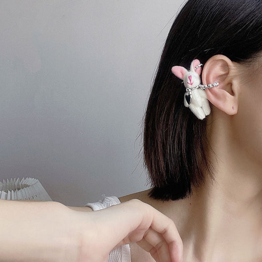 Plush Pink Rabbit Ear Clip Niche Earrings