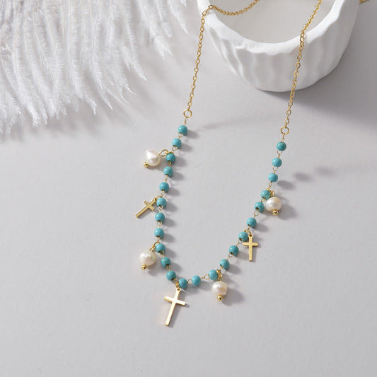 Style Retro Titanium Steel Gold Cross Freshwater Pearl Necklaces